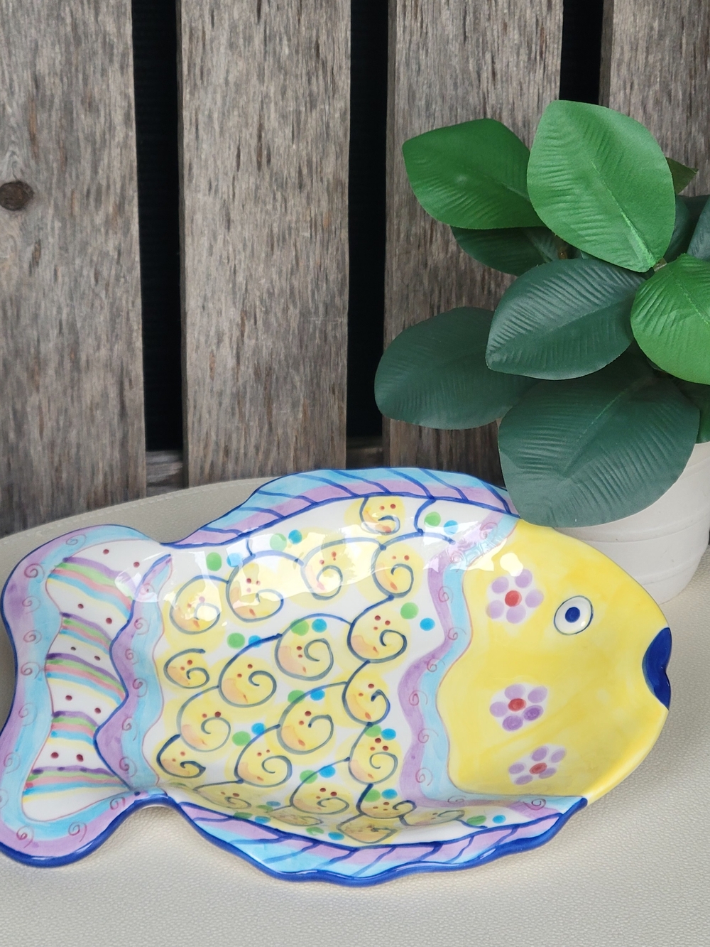 GANZ Hand-Painted Watercolor Yellow Blue Purple Ceramic Fish Shaped Dish